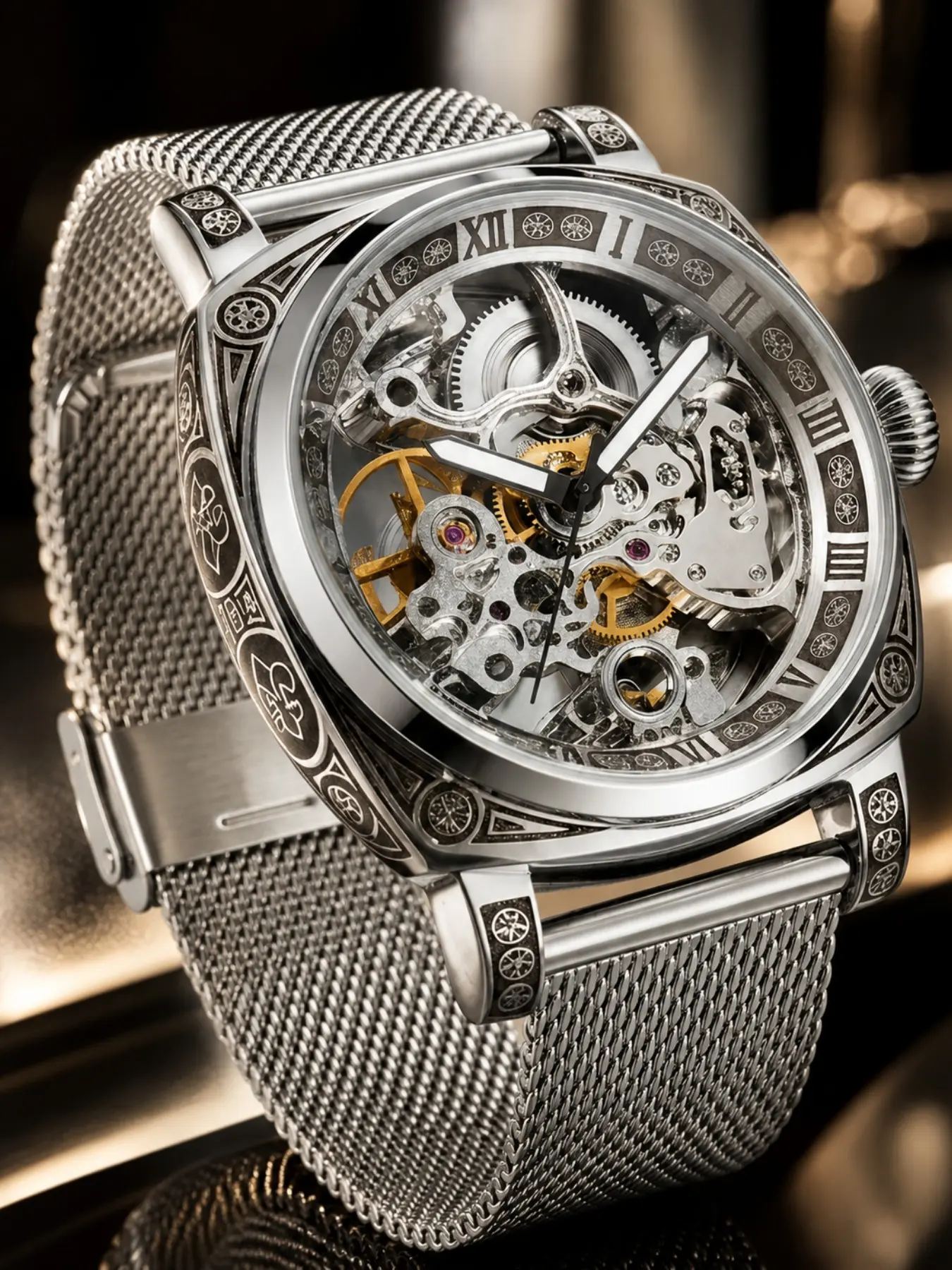Luxury Silver Color Mechanical Watch for Men, Business Fashion Watch, Intricate Engraved Case, Transparent Movement, Metal Mesh Strap, Perfect Gift