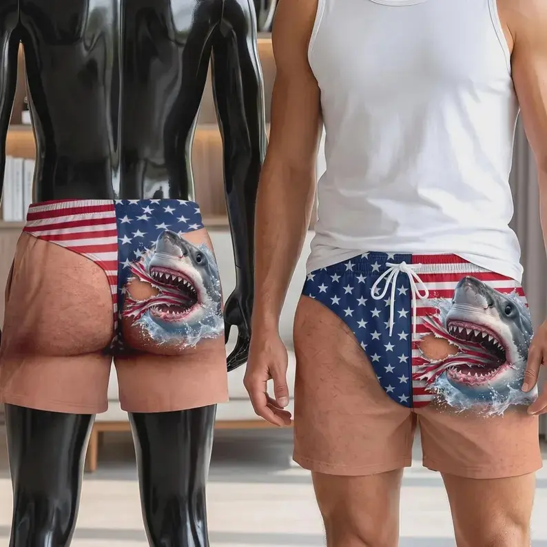 Hilarious Custom Men Swim Shorts, American Flag Ripped Shark Graphic Fake Underwear Print, Elastic Drawstring Quick Dry Board Trunks, Funny Gag Bathing Suit for 4th of July, Bachelor Party & Summer Beach Vacation# TikTokMadeMeBuyIt# TikTokShop