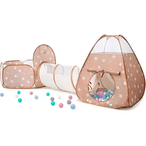 3 in 1 Pop Up Kids Play Tent with Tunnel and Ball Pit for Kids Boys Girls Babies and Toddlers Indoor/Outdoor Playhouse Brown/Apricot