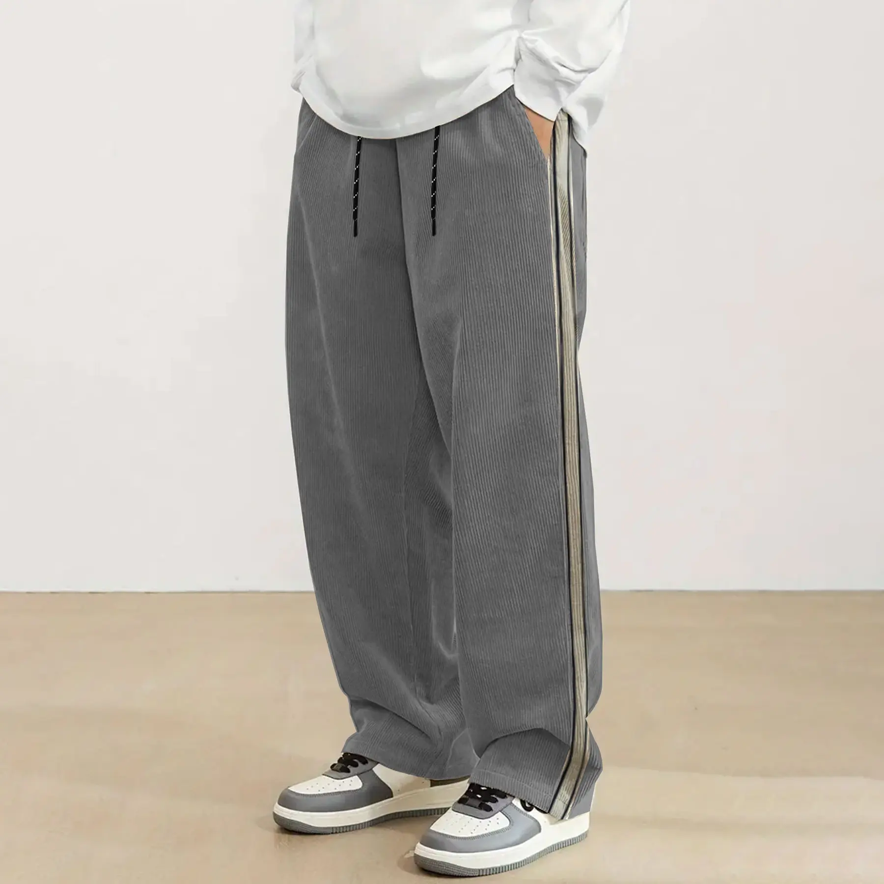 Men’s Side Stripe Wide Leg Pants, Casual Loose Fit Straight Leg Trousers with Pockets, Elastic Drawstring Waist Sporty Streetwear Pants for Travel Lounge Weekend Daily Wear and Casual Outfits