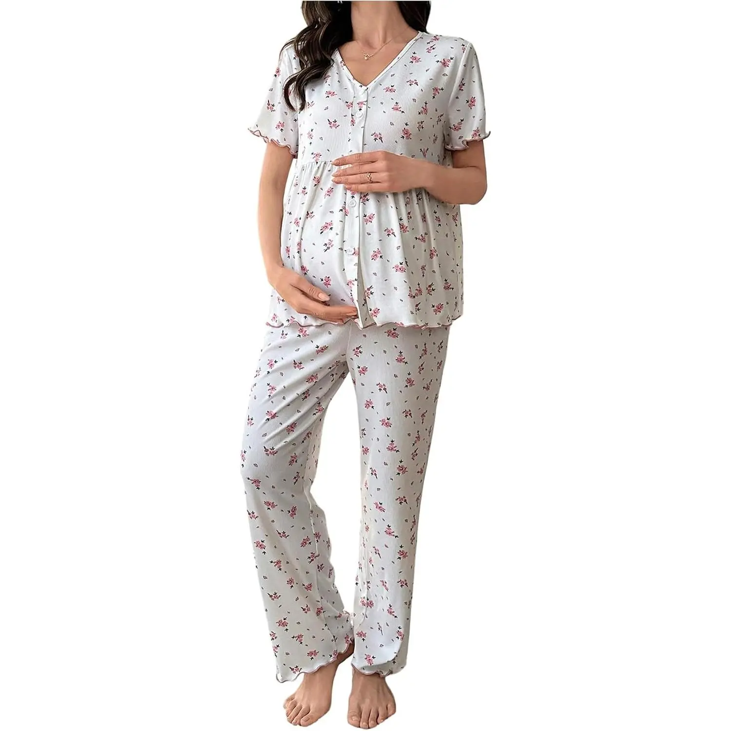 Women's Maternity Floral Pajama Set Button Down Sleepwear Short Sleeve Shirt and Pants Pjs Sleepwear