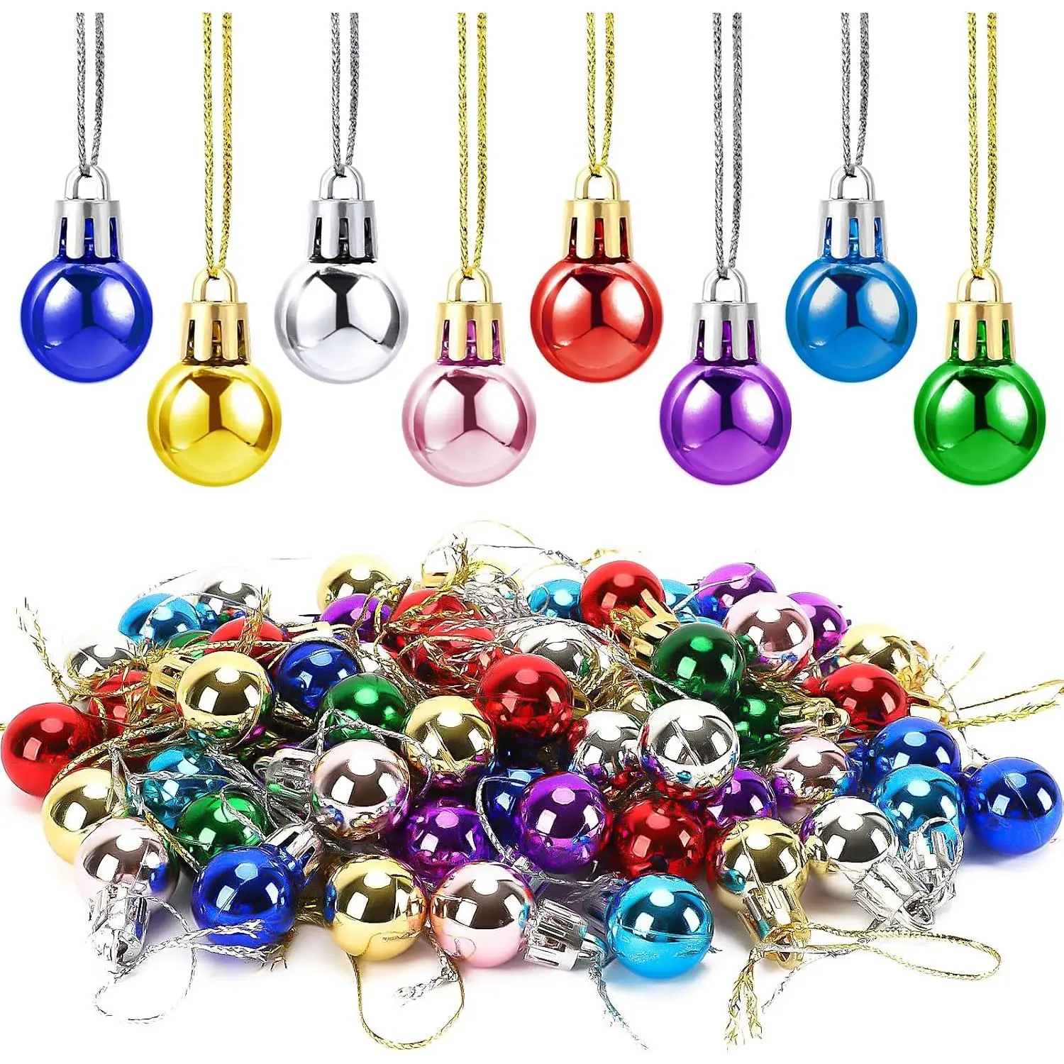 60-Count Colorful Multicolor Glitter Effect Christmas Mini Balls Ornaments Set, Shiny Surface Xmas Tree Decorations for Holiday Party Decor, Indoor Outdoor DIY Craft Supplies