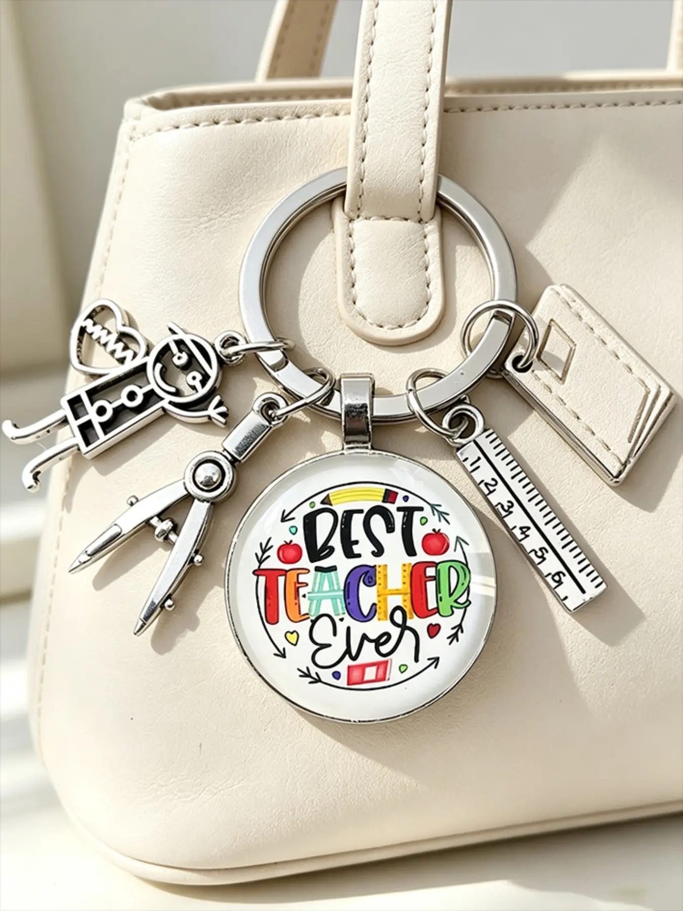 Best Teacher Keychain with Time Stone, Colorful Design, Ruler, Book Pendants, Ideal Gift for Teachers, Graduates, Educators