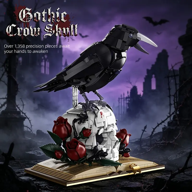 1358-Piece Gothic Crow Rose Skull Book Building Block Set, Desktop Ornament and Home Decor Model Kit, Halloween and Christmas Gift for Kids and Adults