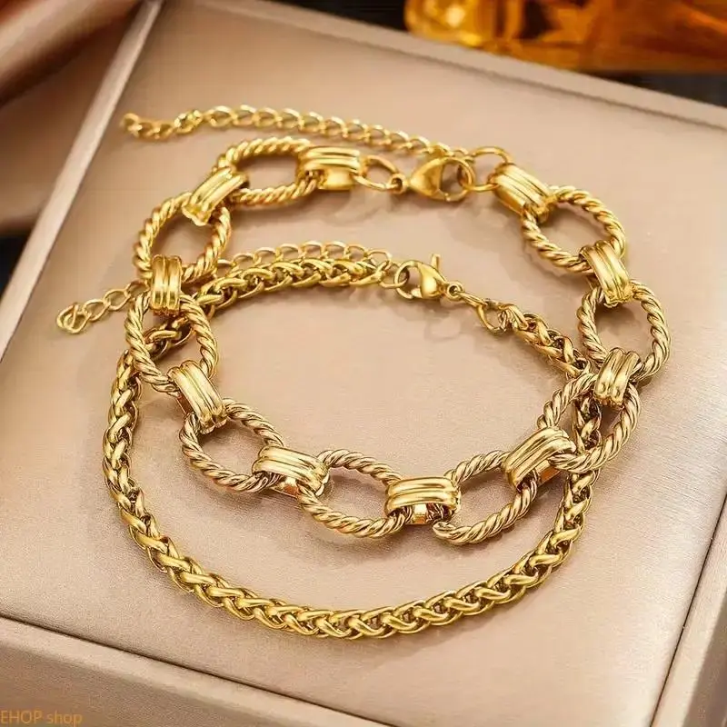 Unisex Stainless Steel Figaro-Cuban Chain Bracelet Set, Double-Layer Stackable Plain Rust-Proof Durable Stylish Modern Fashion Jewelry for Daily Wear, Holiday Gifts