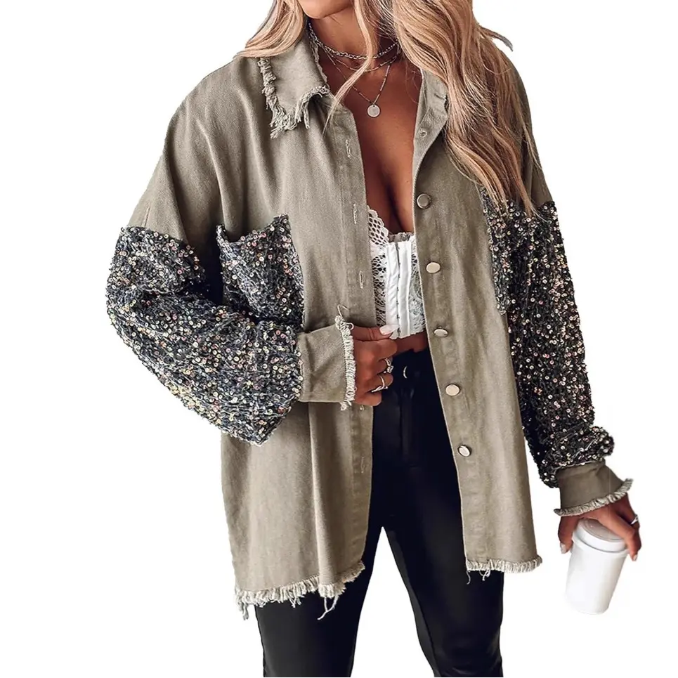 Sequin Patchwork Fringe Trim Oversized Shirt Jacket Women Lapel Collar Button Down Raw Hem Spliced Long Sleeve Shacket Streetwear