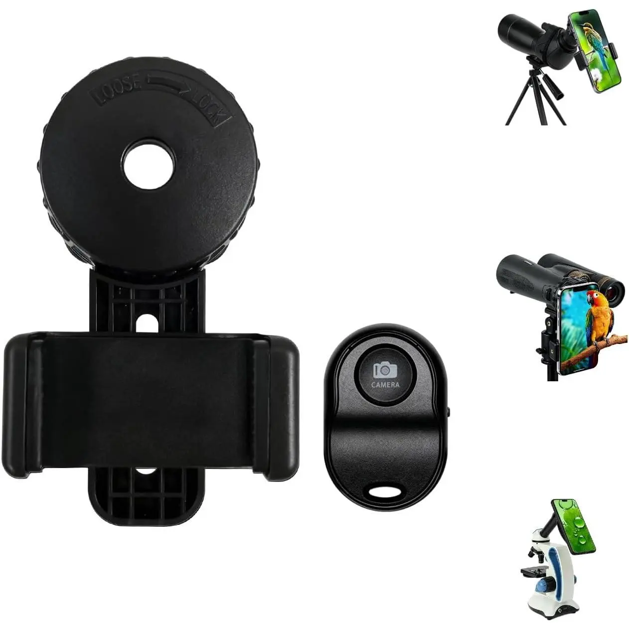 Adjustable Smartphone Telescope Mount with Dual-Lock System - ABS Frame, Non-Slip Rubber Grips, Wireless Shutter, Measures First for 16-50mm Telescopes, Microscopes & Digiscoping Accessories