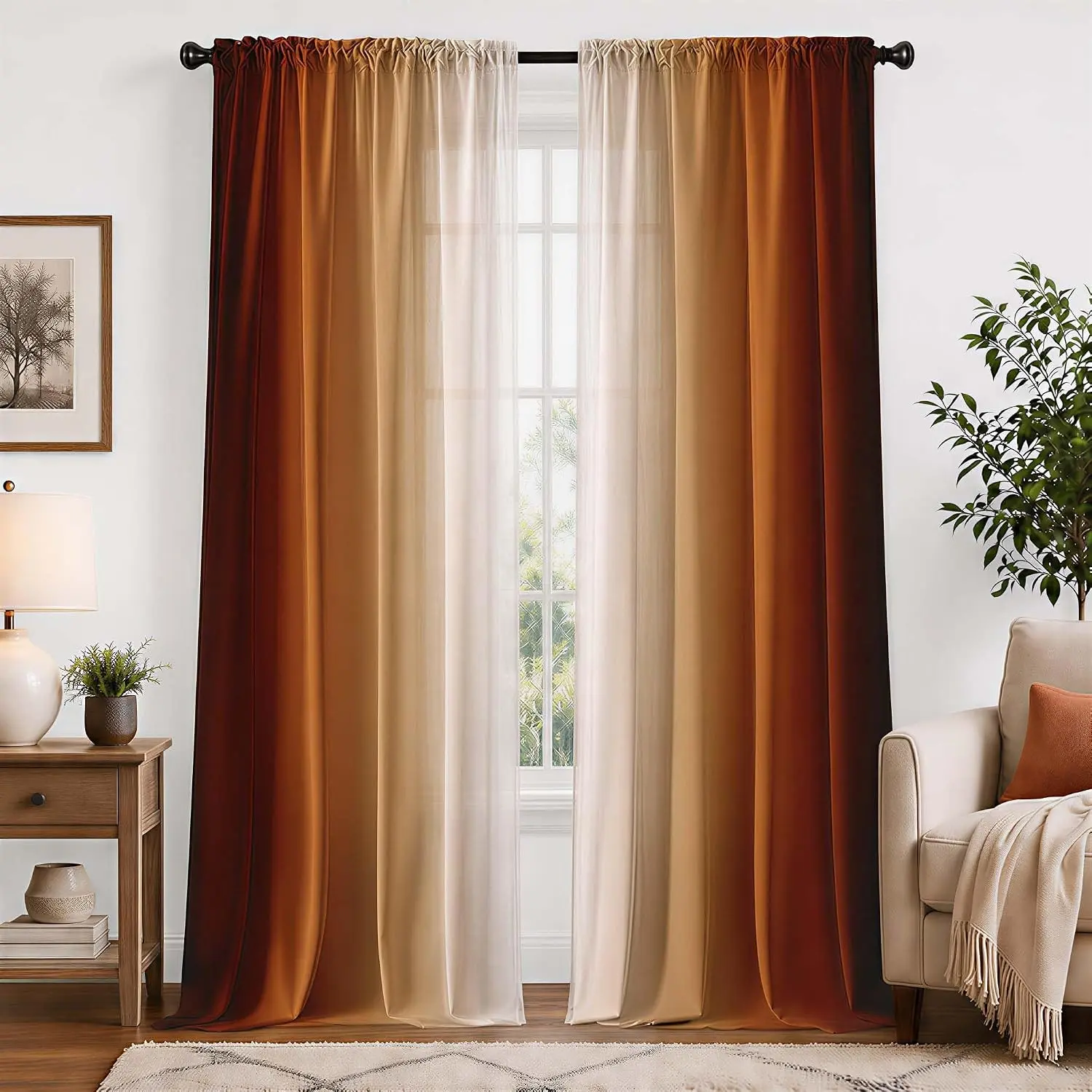 Burnt Orange and Terracotta Ombre Curtains 84 Inch Length for Living Room, 2 Panel Set, Gradient Light Filtering Window Drapes with Modern Abstract DesignGift