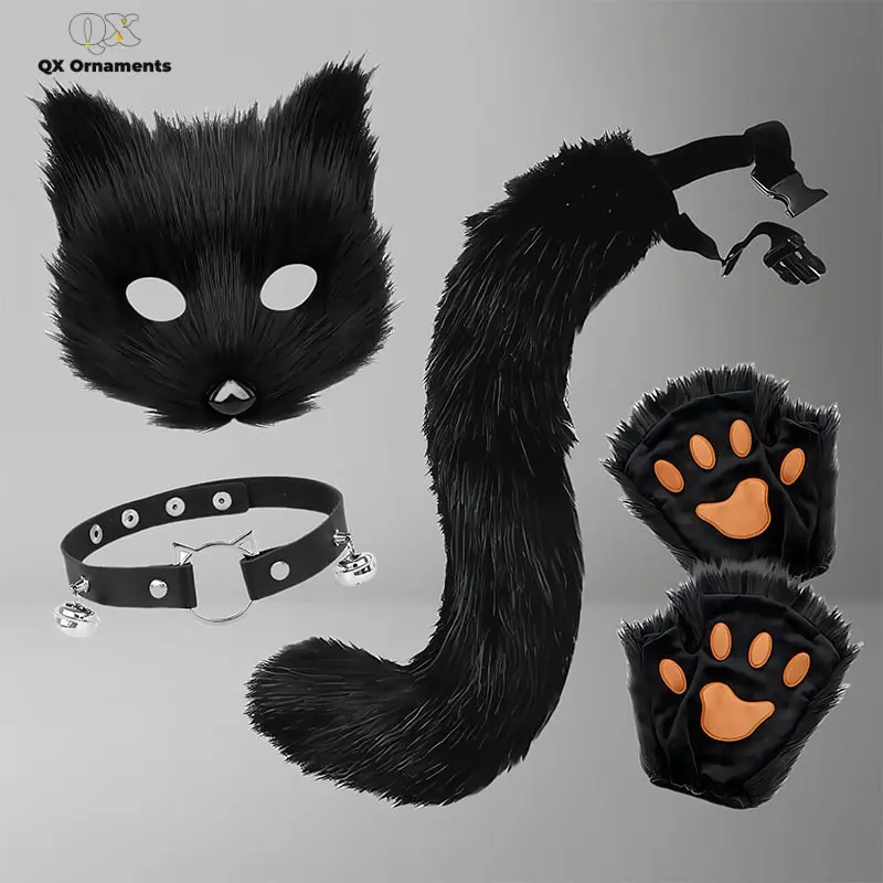 Halloween Costume Set, Fox Tail Mask, 5-Piece Party Accessories, Plush Mask, Gloves, Collar, Perfect for Theme Parties