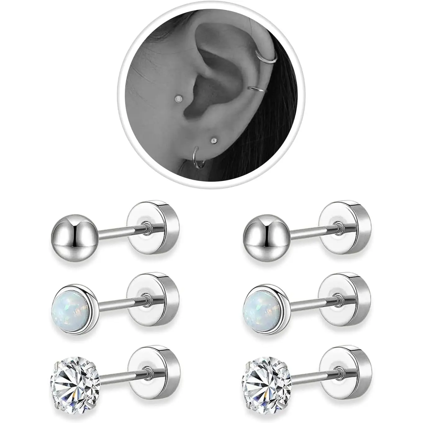 Surgical Steel Piercing Jewelry Set for Women & Men, Multiple Huggie Hoops & Flat Back Studs in Varied Sizes 6-14mm, Hypoallergenic Earrings for Cartilage, Helix, Tragus, Lobe, Small Hoops, Multiple Sets