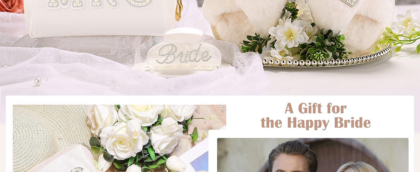 Bride To Be Gifts - Bridal Shower Gifts & Wedding Gifts for Bride - Gift Set: Makeup Bag, Slippers, Hair Clip - Bride Gifts