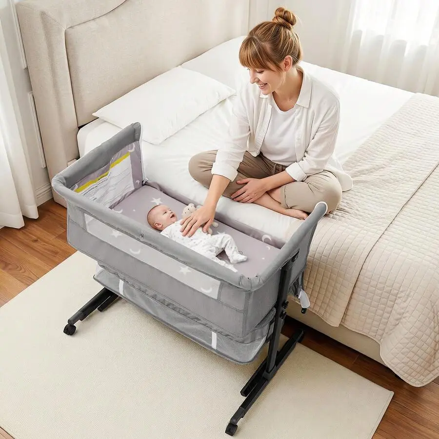 Rocking Baby Bassinet & Bedside Sleeper - 3-in-1 Convertible Crib with Storage Basket, Adjustable Height & Wheels - Foldable Co-Sleeper for Newborn