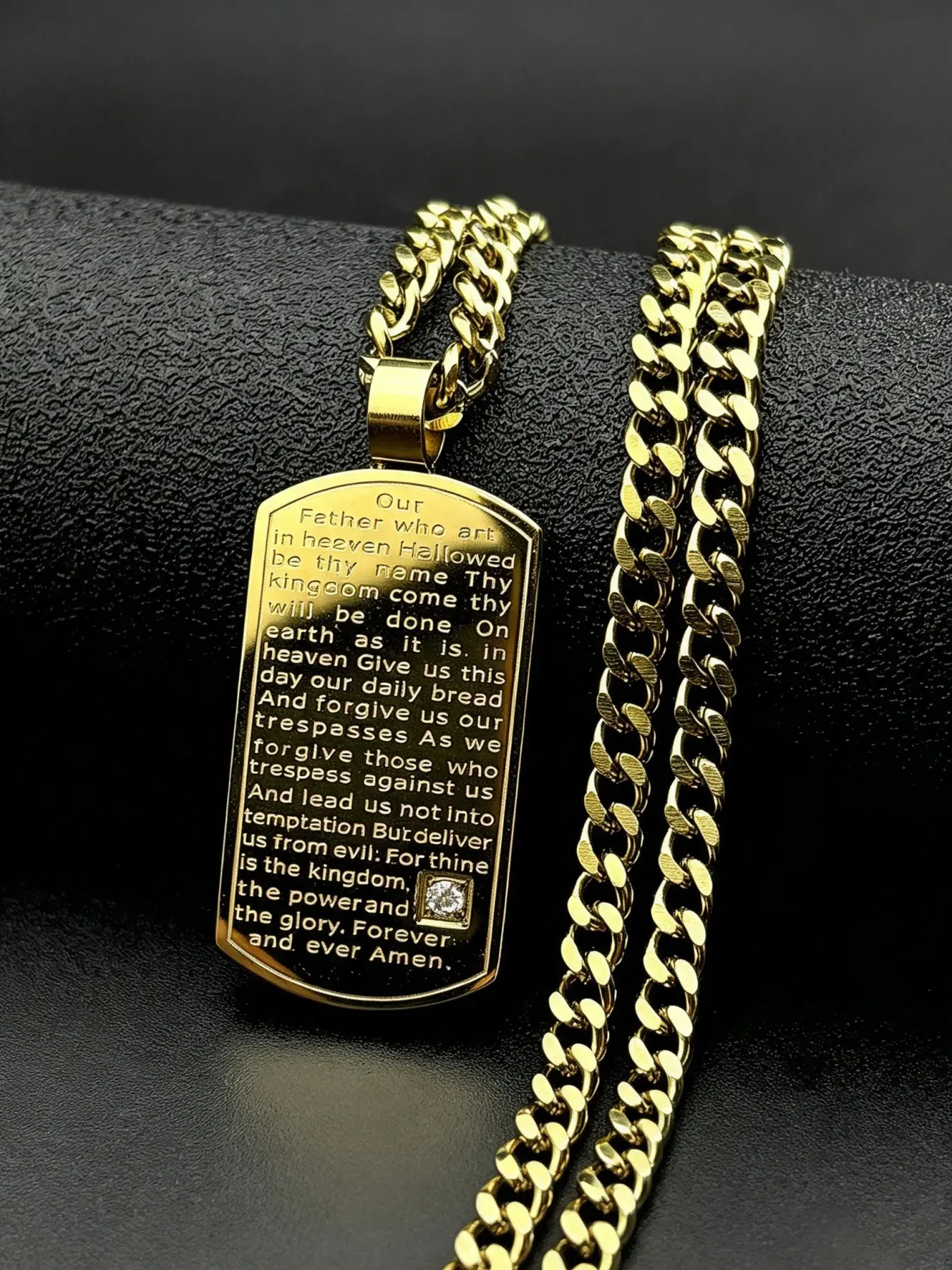 English Lord's Prayer Bible Verse Jesus Cross Chain Necklace Stainless Steel Rhinestone Christian Our Father Medal Jewelry Gift, Fashionable Chain Decorated Necklace