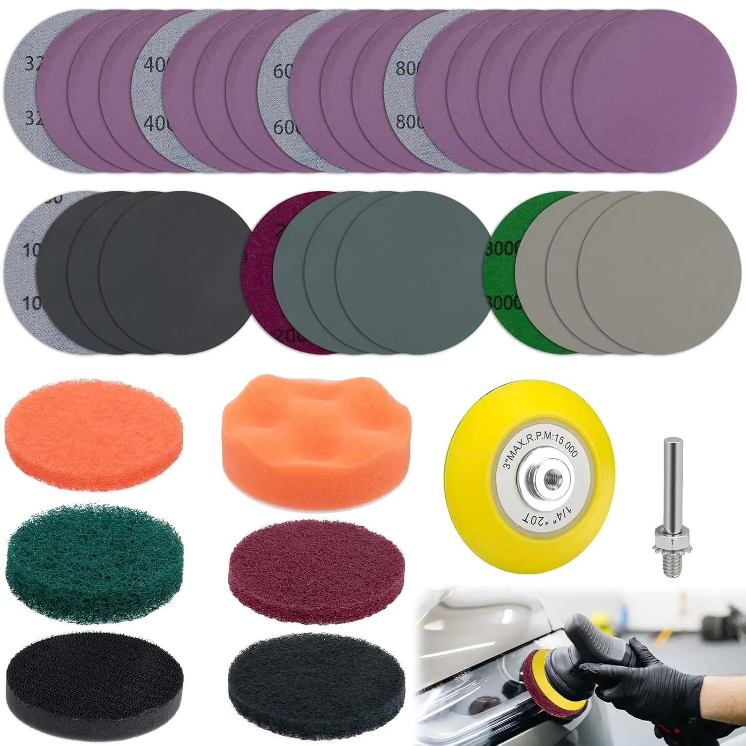 38 count  Headlight Restoration Kit, 3 Inch Headlight Polishing Kit | Headlight Cleaning Kit with Sanding Disc Scouring Pad Polishing Pad for Drill,  Automotive Tools for  Headlight