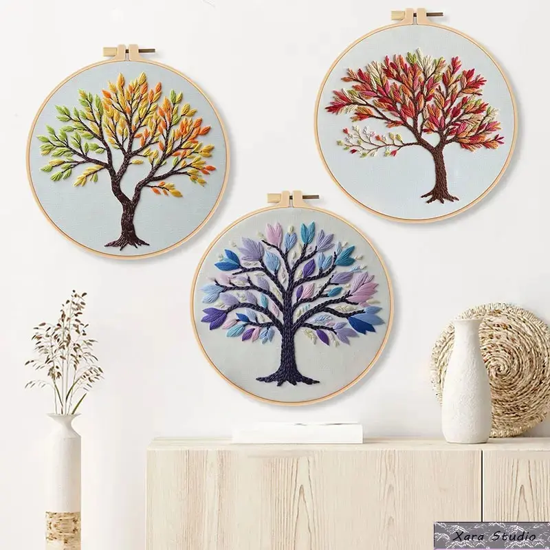 Tree Embroidery DIY Kit for Home Decor – Colorful Three Trees Nature Wall Art Hand Stitching Craft Set, Printed Fabric Embroidery Hoop Kit, Relaxing Beginner Friendly DIY Art Gift for Room Decoration