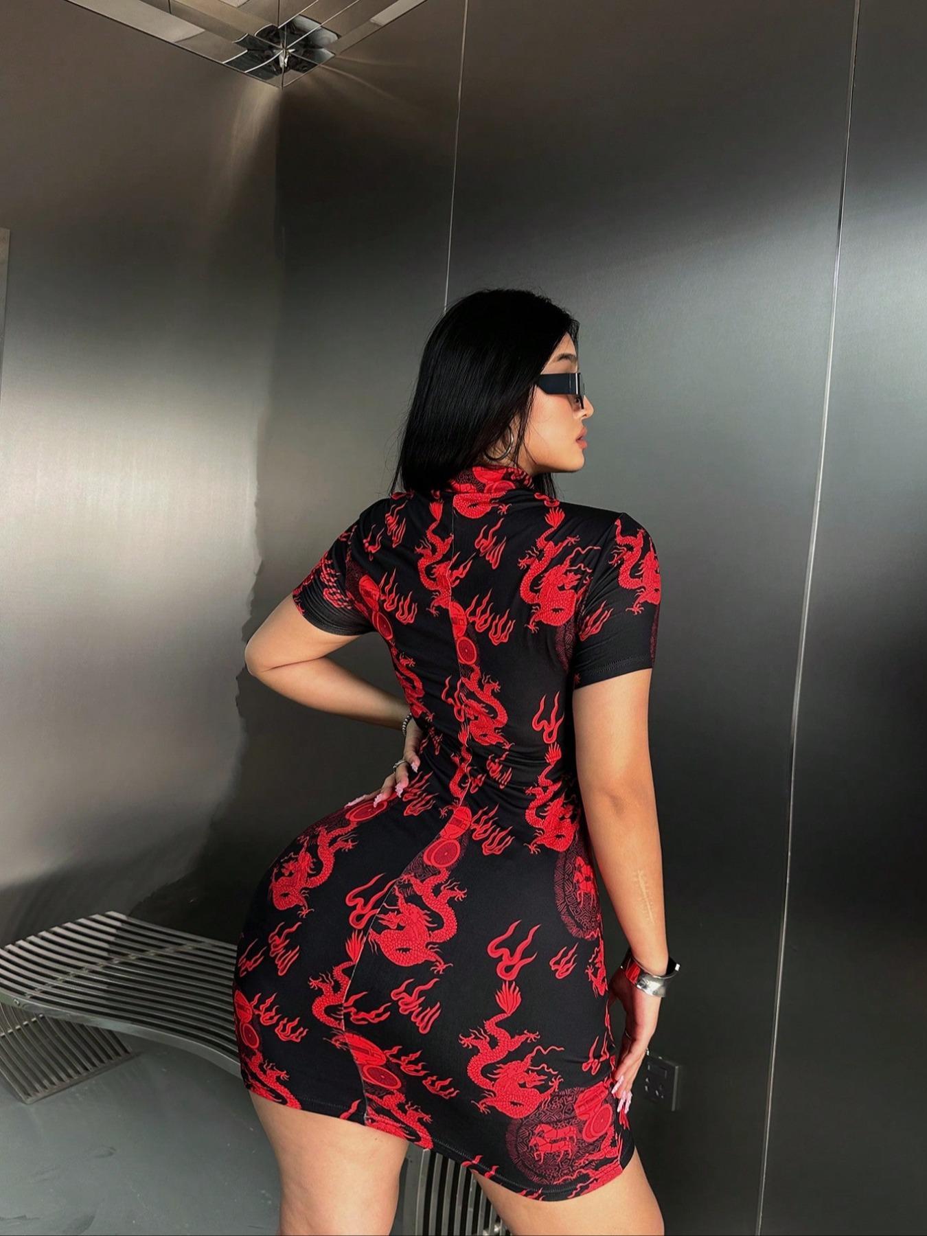 [plus Size] Ethnic Pattern Print Mandarin Collar Bodycon Dress, Elegant Short Sleeve Short Dress for Party Holiday Wedding Guest, Women's Clothes for All Seasons, Formal Dress Hides Tummy, Shortsleeve Womenswear Lady