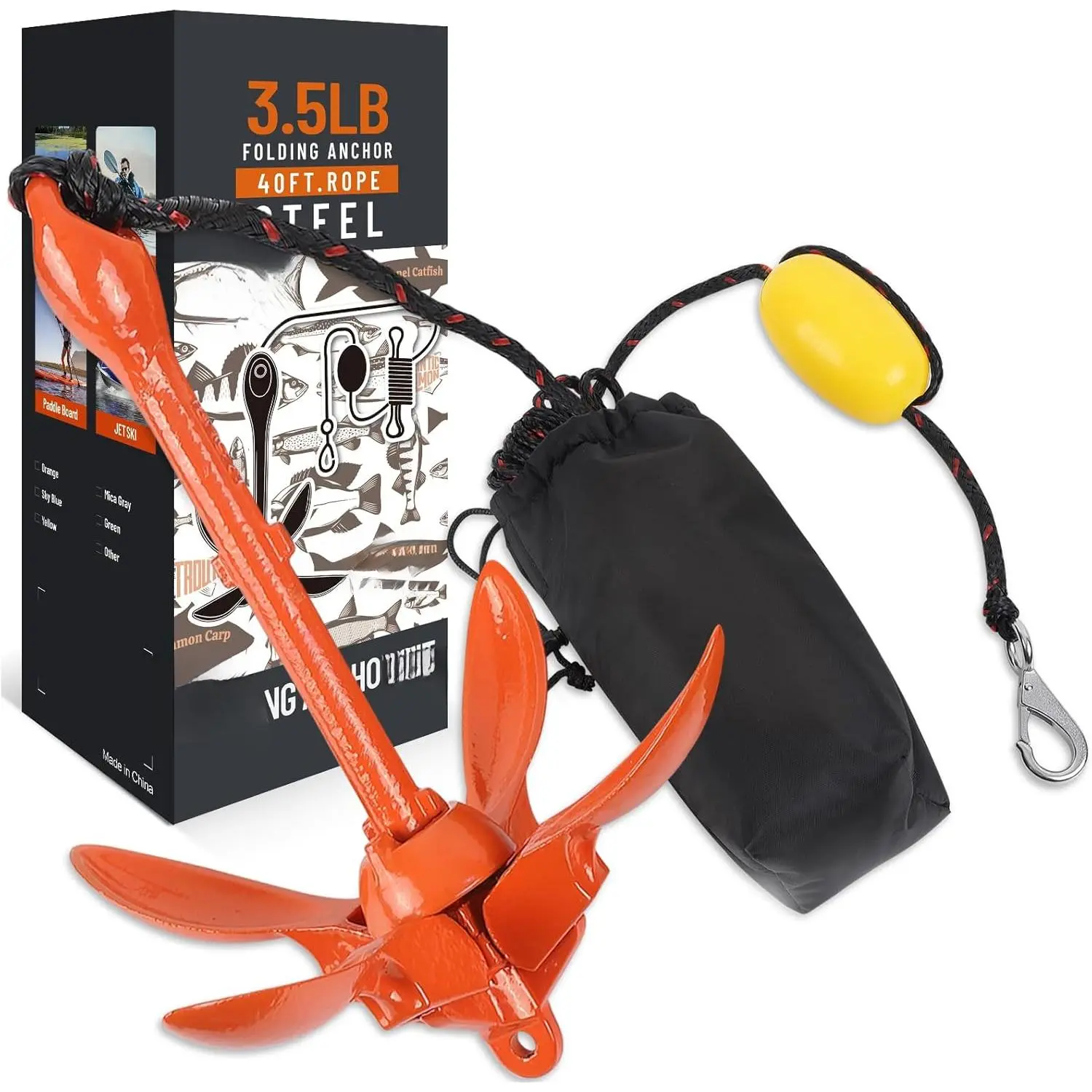 Boat Kayak Anchor Kit 40ft Rope & Storage Bag - Accessories for Kayaks, Canoes, SUP Boards, Small Boats, Jet Skis & PWCs