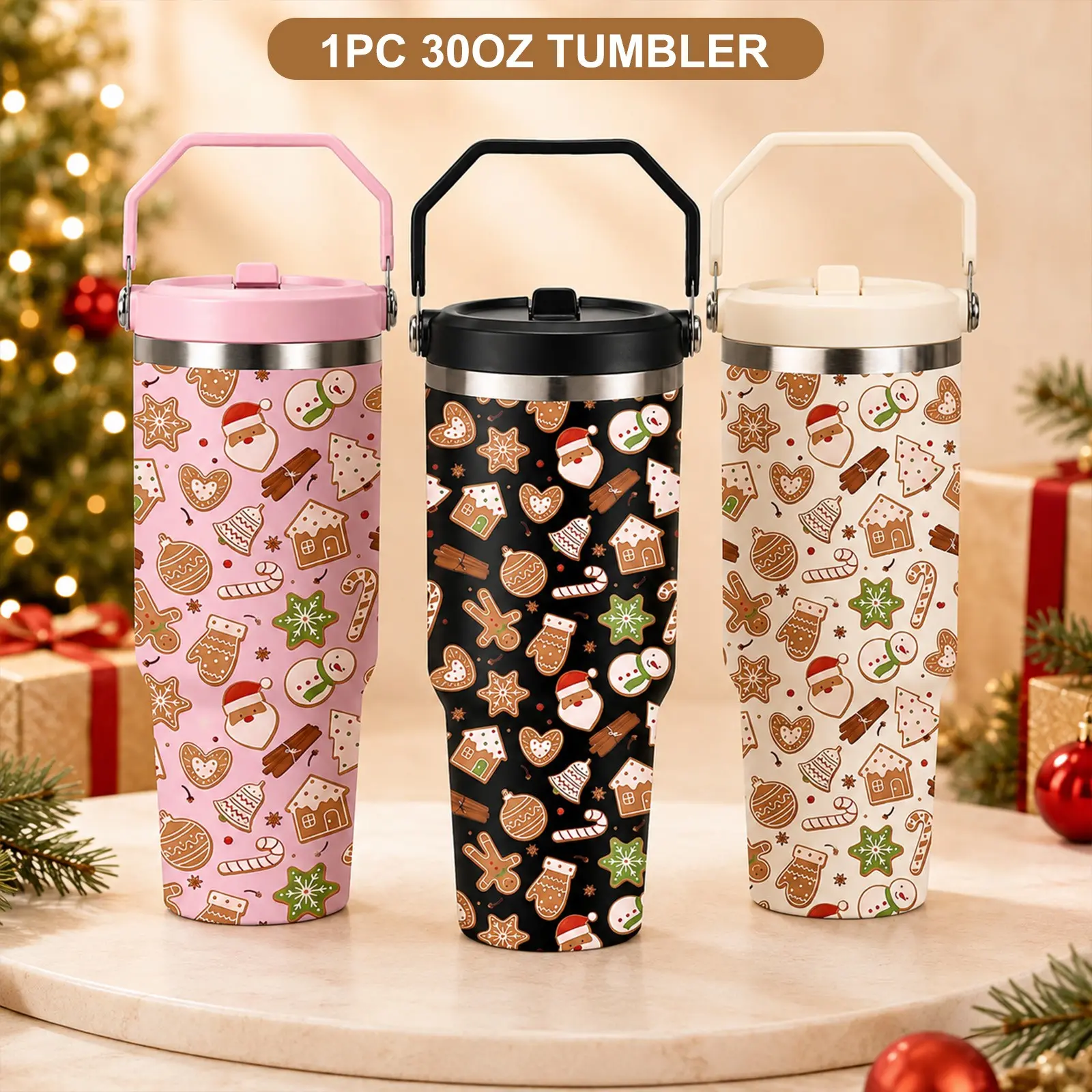 1PC 30oz Christmas Tumbler with Handle and Lid, Gingerbread Cookie Print Insulated Stainless Steel Travel Mug, Reusable Large Capacity Cup for Hot and Cold Drinks, Home, Office, Travel and Holiday Gifts