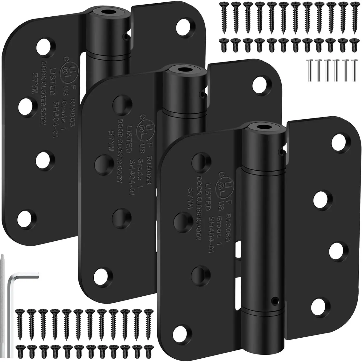 4 Inch Self Closing Door Hinges, 5/8" Radius Corners Spring Loaded Hinges for Exterior, Garage, Front and Back Door, UL Listed, for Left and Right Hand Door, Matte Black, 3 Pack