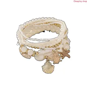 2026 Women's Boho Shell & Starfish Bracelet Set, Exquisite Trendy Bracelet, Artificial Pearl Party Vacation Jewelry, Beach Style Handmade Accessories, Faux Pearl