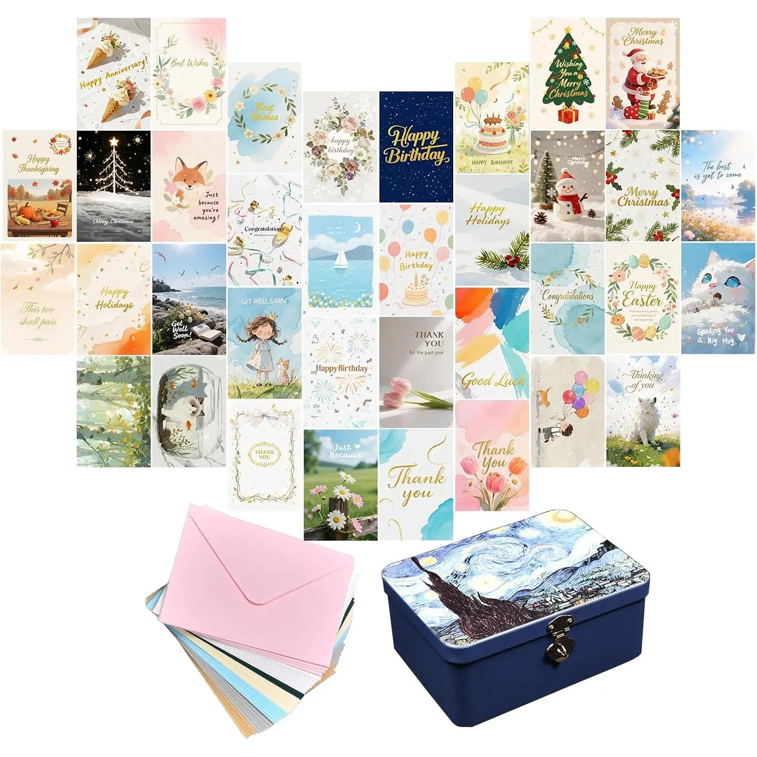 36  Occasion Greeting Cards with Envelopes in a Tin Box, 4" x 5.9" Special Themes & Folded Cards for Thank You, Birthday, Christmas, Anniversary, Congratulations, Wishes, Holiday, Encourage (36)