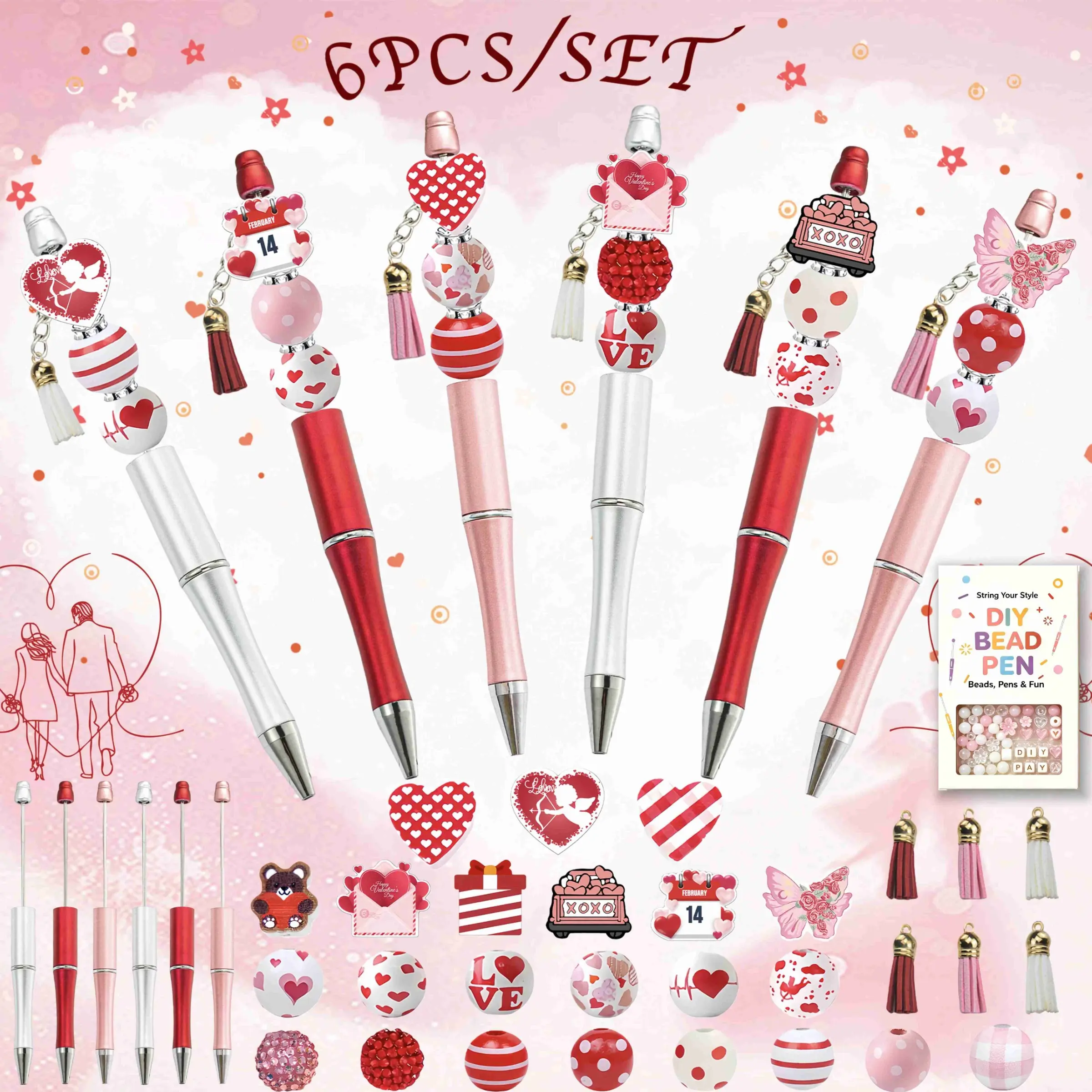 Valentine Heart DIY Beadable Pen Kit 6PCS Gift Box Complete Craft Set, Red Pink Love Themed Beaded Pens Making Kit with All Beads Charms Tassels Spacer Beads, Valentine’s Day Romantic Holiday Gift for Women Lovers