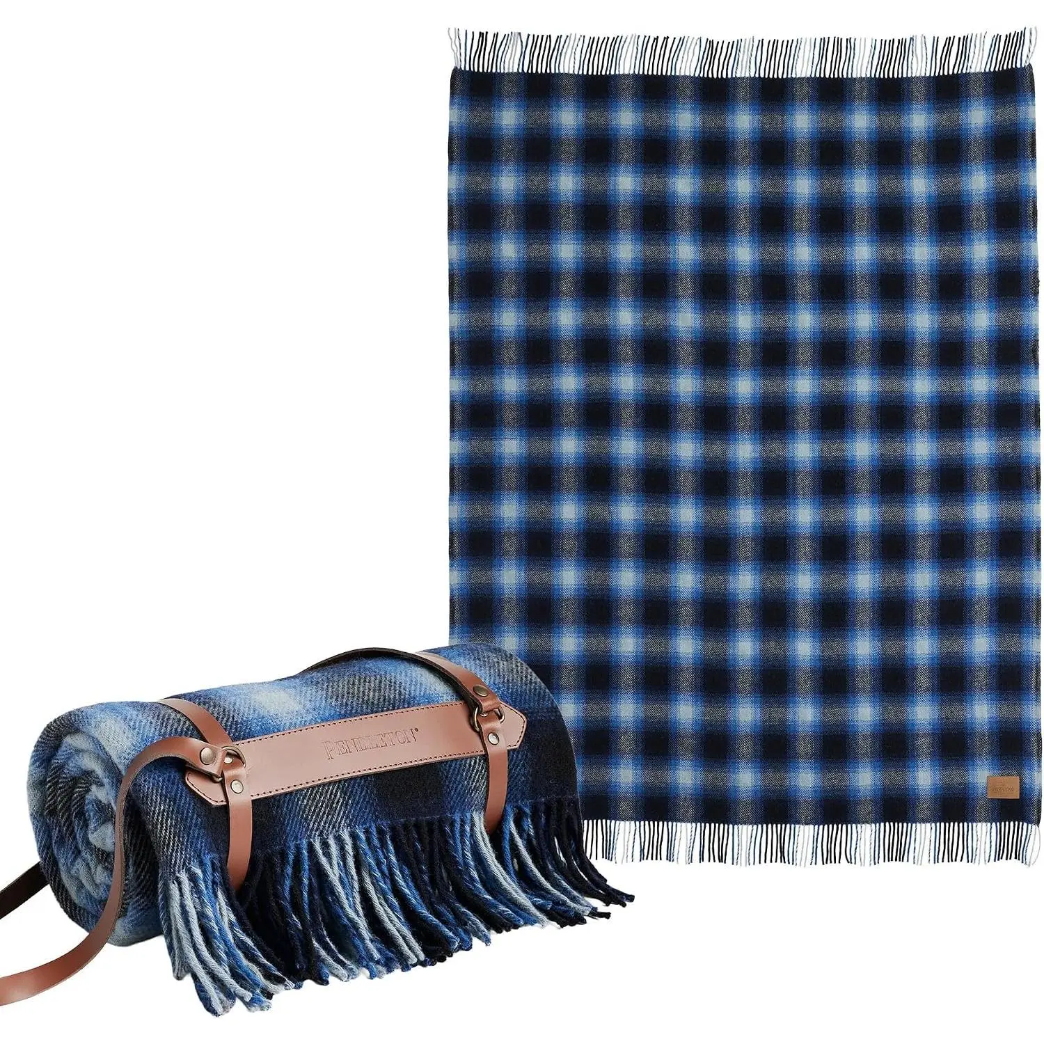 Pendleton Motor Robe Wool, Camping Blanket with Leather Carrier | Cozy Home Comfort - Midnight Ombre