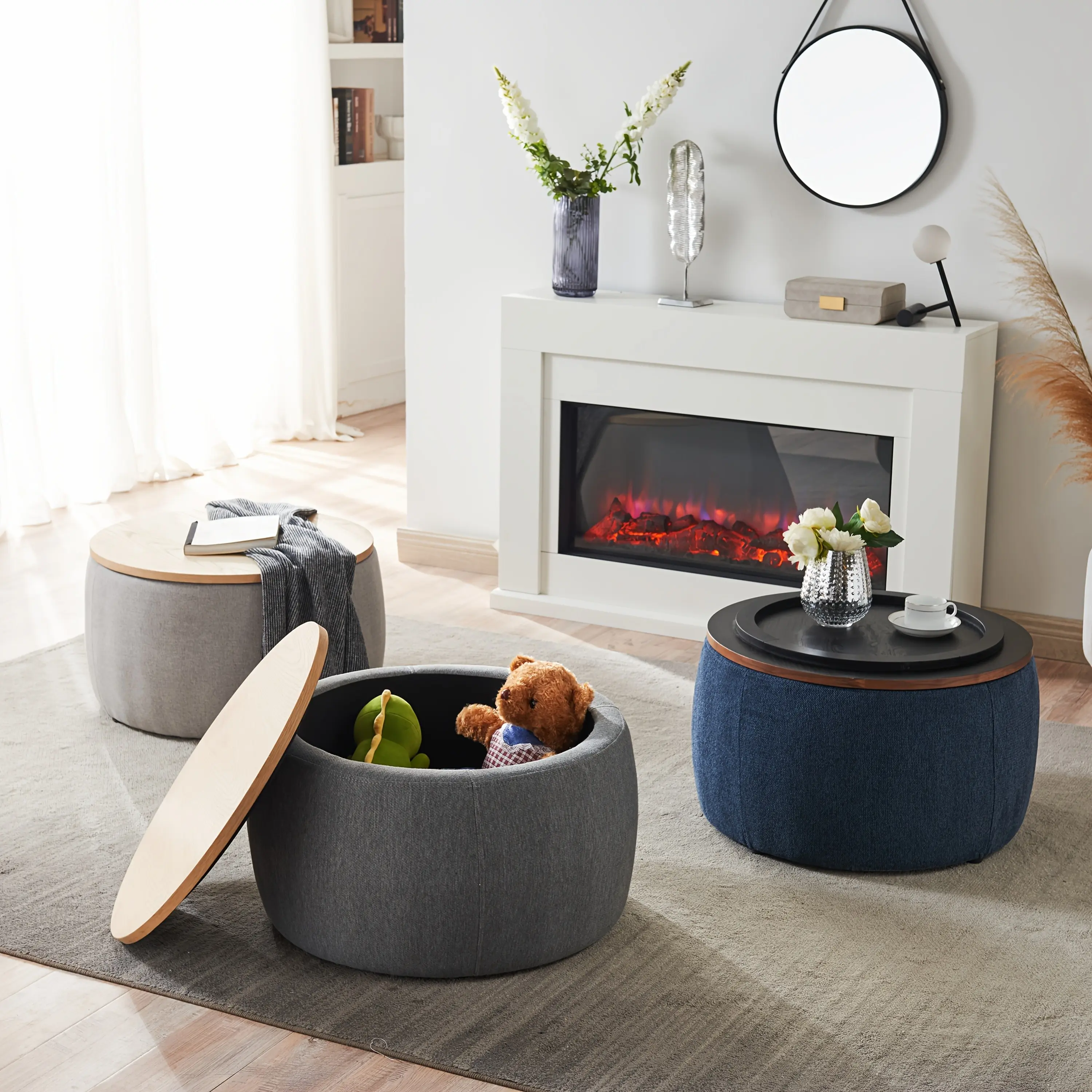 Round Storage Ottoman, 2in 1 Function, Work As End Table And Ottoman, Light Grey Fabric Footstool with Hidden Storage, Linen Upholstered Ottoman Seat for Living Room Bedroom, MDF Base, Multifunctional Accent Furniture (25.5x25.5x14.5)