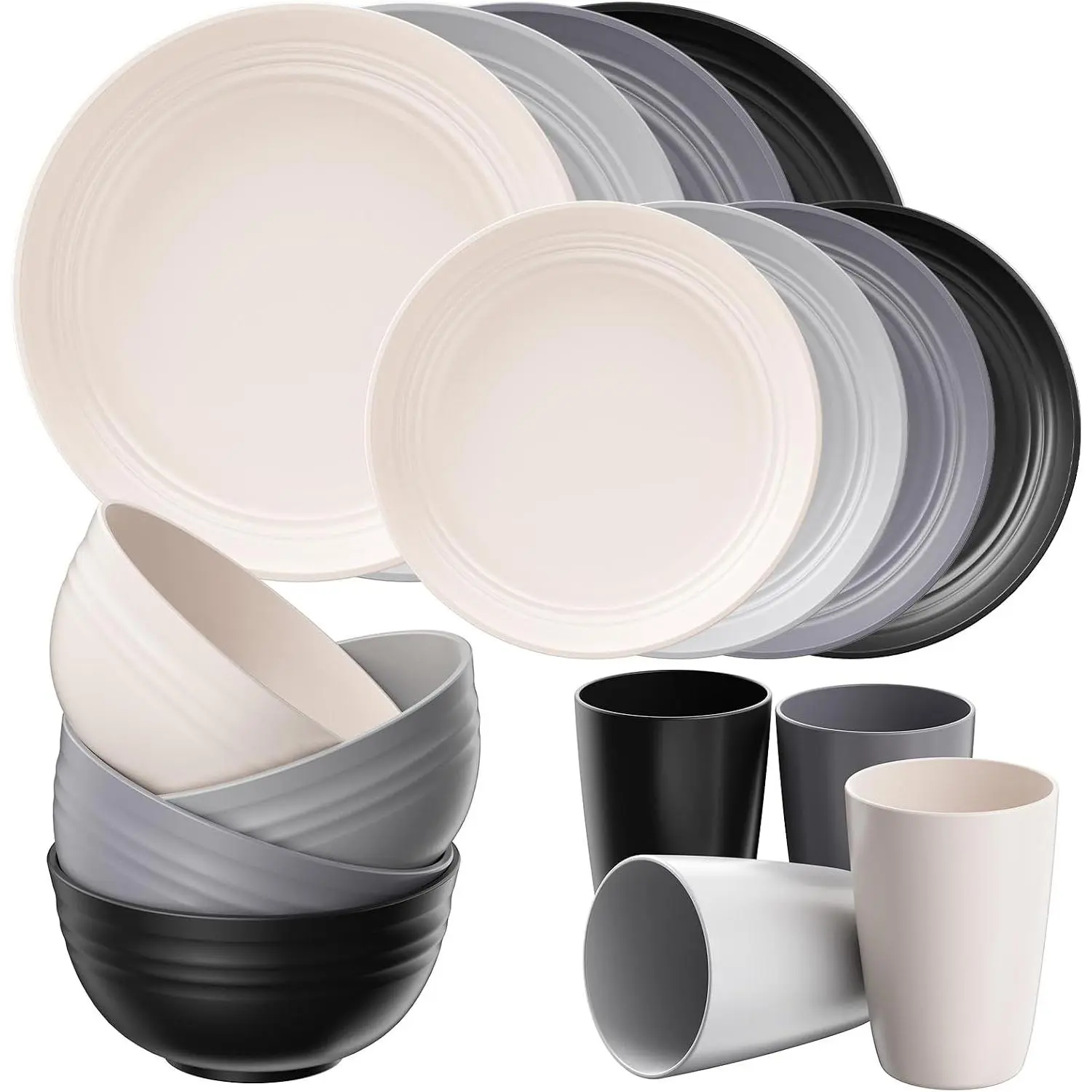 16 count Unbreakable Plates and Bowls, Plastic Dinnerware Sets for 4,  Dish Set for Camping, Dishwasher Microwave Safe, Outdoor Kitchen and Apartment Dinning RV Essentials, Grey