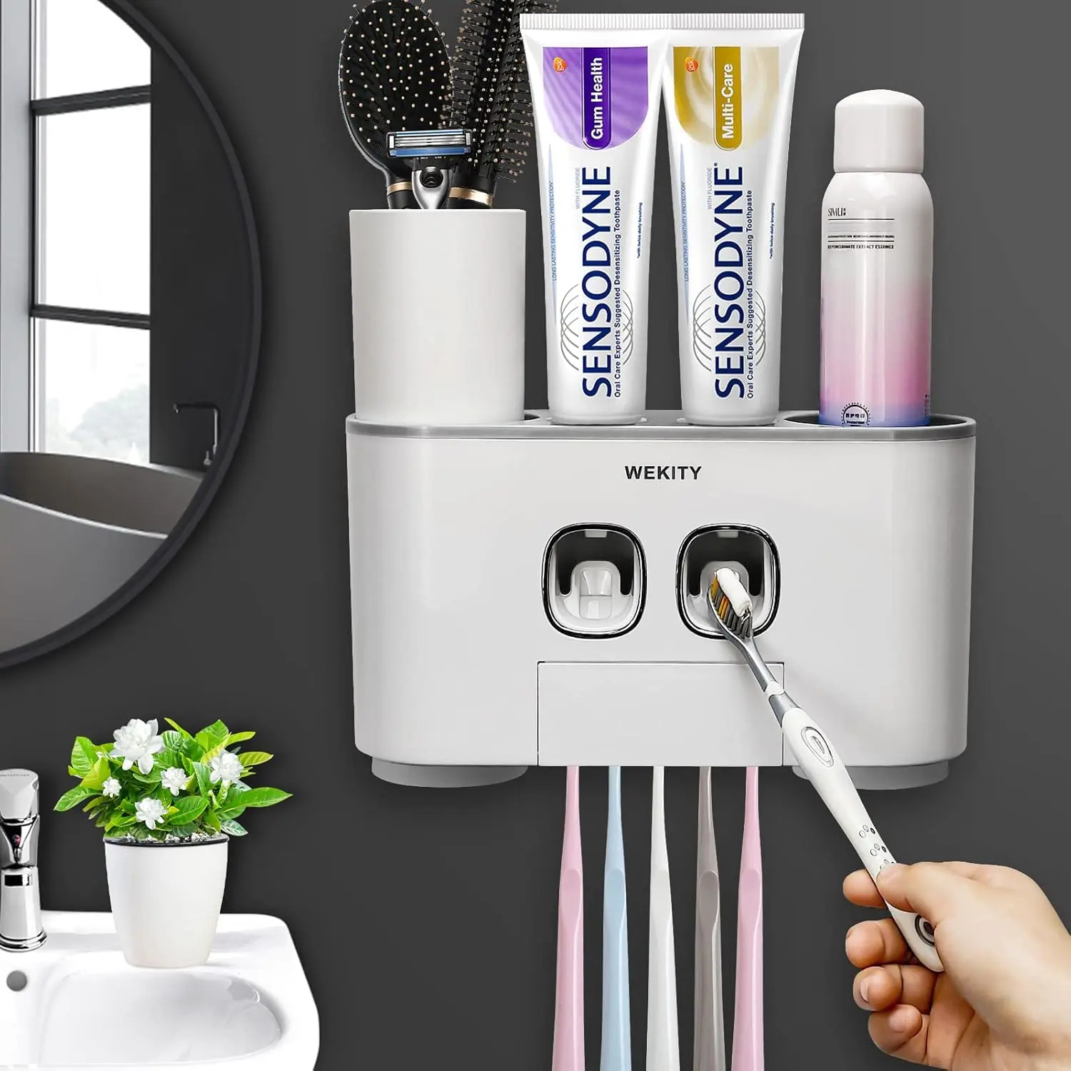 Holder  Multi-Function Wall-Mounted Automatic  Dispenser and Dust-Proof  Holder with 5 Brush Slots 4 Cups 2 Automatic  Dispensers 1 Storage Slot (Grey)