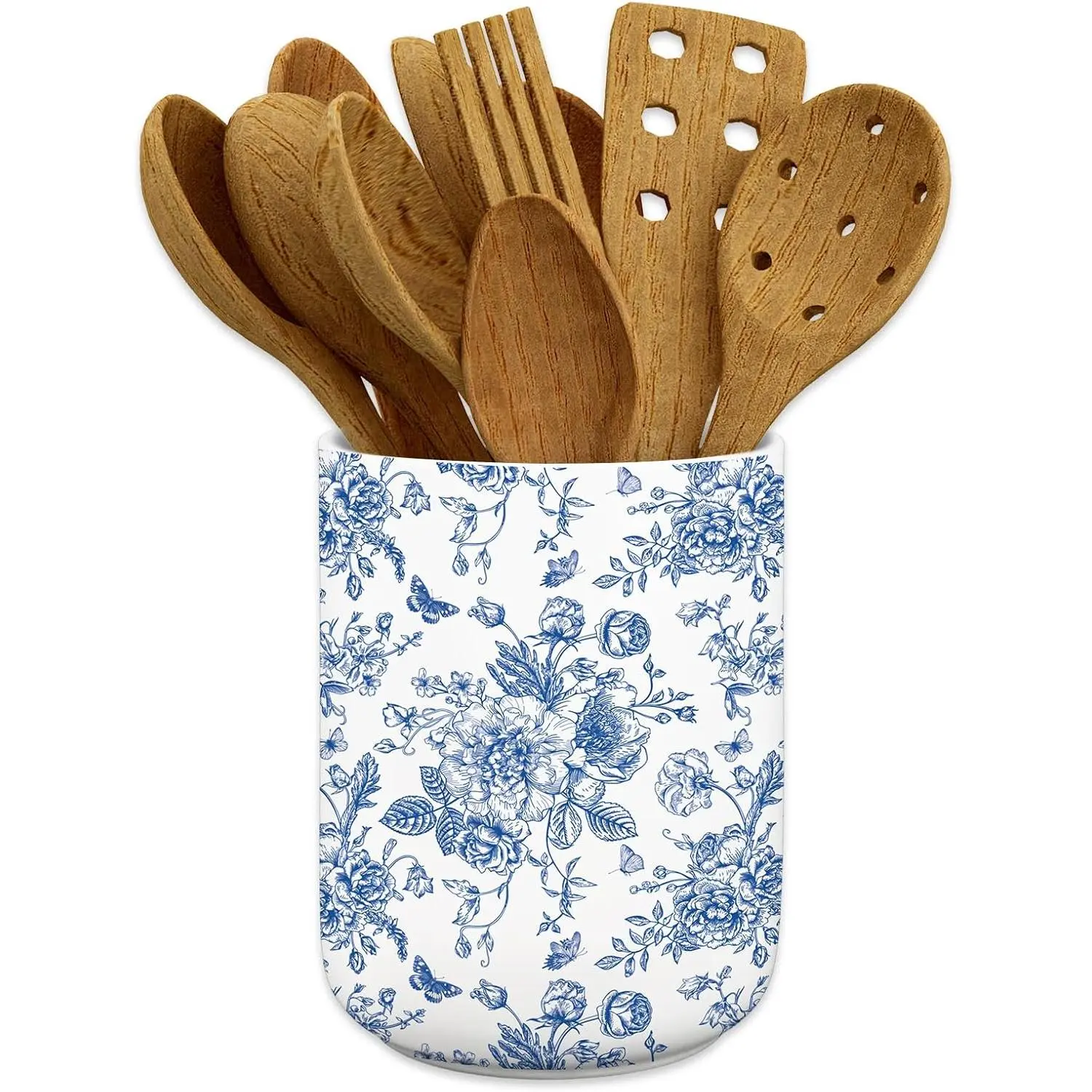 Blue Floral Ceramic Utensil Holder Chinoiserie Chopstick Crock | Vintage Toile Flower Butterfly, Cooking Tool Storage Organizer Container