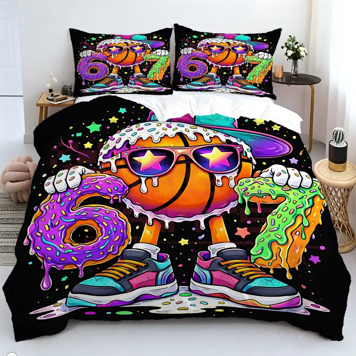 2/3 Pcs Graffiti Hip-Hop Basketball Donut "67" Pattern Duvet Cover Set, Cartoon Basketball Bedding Set, Colorful Street Art And Sports Shoe Style Design, 1 Duvet Cover And 1/2 Coreless Pillowcase, Suitable For Teenage Bedroom Decoration