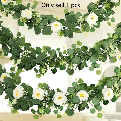 70 Inch Eucalyptus Rose Wreath, Plastic Flower Vine, Artificial Flower, Decorative Artificial Flowers, Fake Floral Decor, for Home Decor, Wedding and Engagement Table Decoration, Ideal Party and Indoor Wall Background
