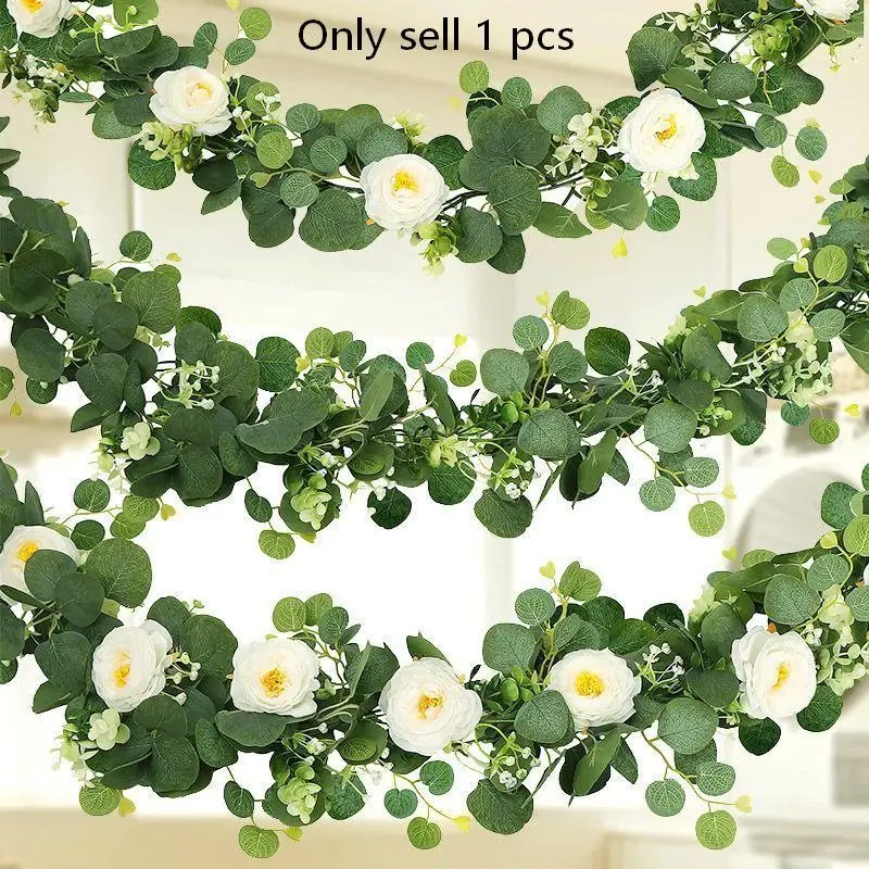 70 Inch Eucalyptus Rose Wreath, Plastic Flower Vine, Artificial Flower, Decorative Artificial Flowers, for Home Decor, Wedding and Engagement Table Decoration, Ideal Party and Indoor Wall Background