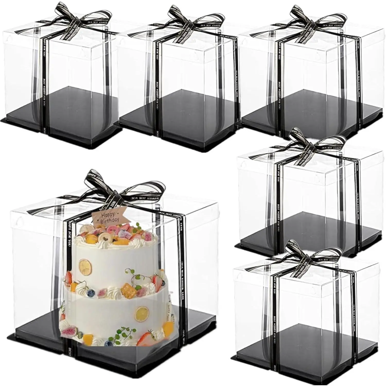 6 Pack Clear Tall Cake Boxes with Lids and Ribbons, 10x10x9 Inch Transparent Gift Boxes for 2-Layer Cakes, Pastries, and Wedding Display Packaging with Black Boards