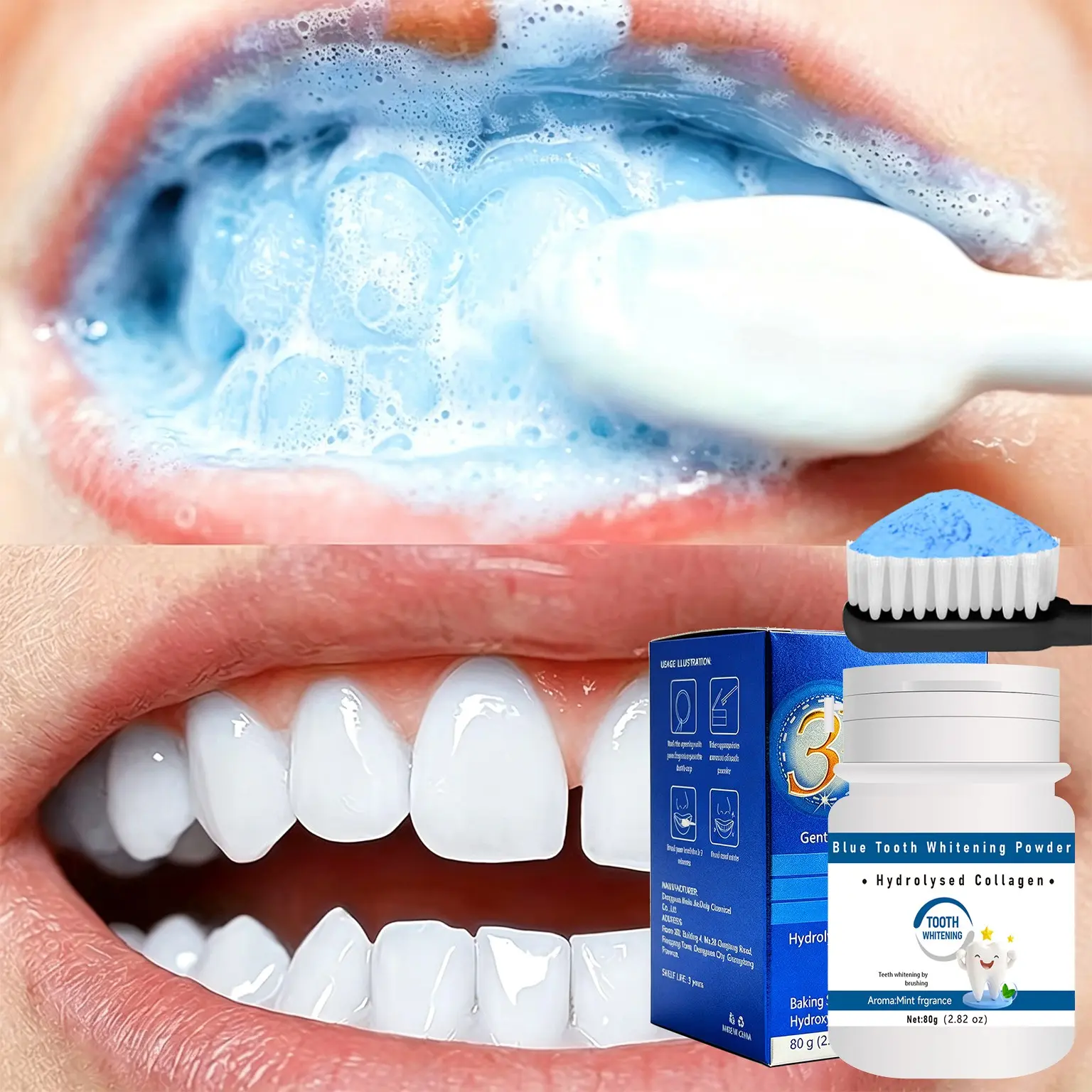 Remineralizing Hydroxyapatite Blue 3D Teeth Powder, Tooth Bright Powder, Deep Cleaning Refresh Breath, Mint Flavor Dry Brush Powder, Tooth Brighten Toothpaste, Teeth Whitener Powder
