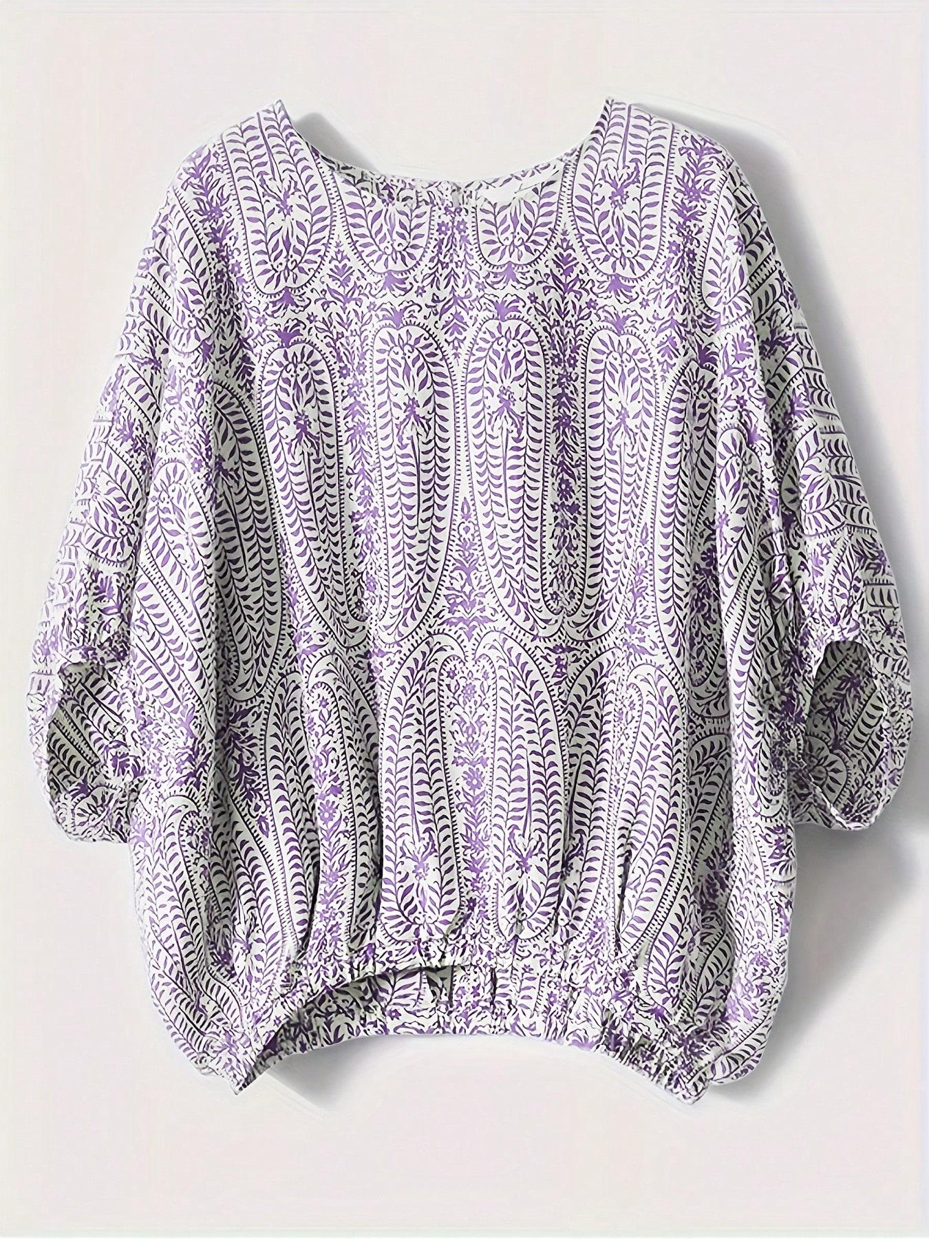 Elegant paisley print short-sleeve shirt, lantern sleeve round neck design - loose fit, polyester material, women's floral pattern, suitable for spring and summer outings and outdoor wear|     Lantern sleeve shirt|     Printed shirt, women's vacation shir