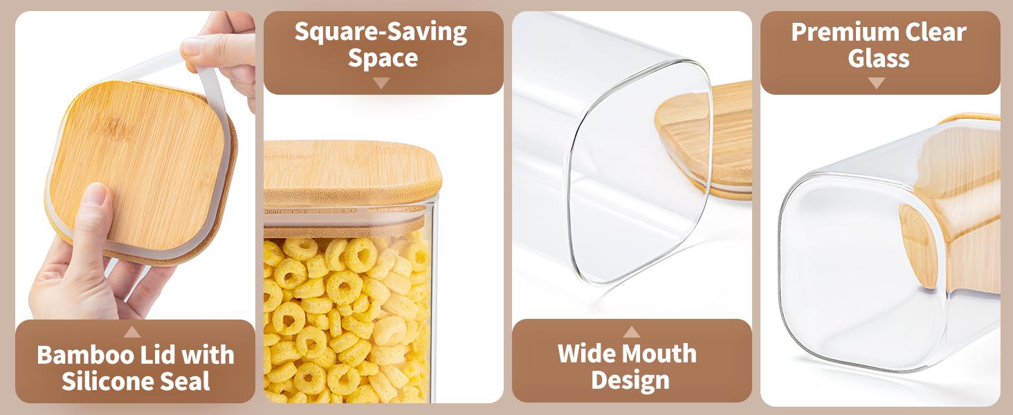 37 Oz Glass Storage Jars with Bamboo Lids - 6 Pack Clear Glass Canisters Square Airtight Stackable Ideal for Pantry Storage Containers Organizers Great for Storing Oats Coffee Beans Nuts etc