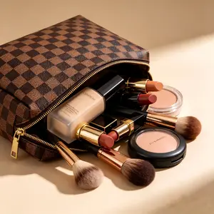 Large Capacity Checkerboard Makeup Bag, Waterproof PU Leather Cosmetic Organizer, Travel Toiletry Pouch for Women, Portable Beauty Storage Case,Bonus Mini Pouch