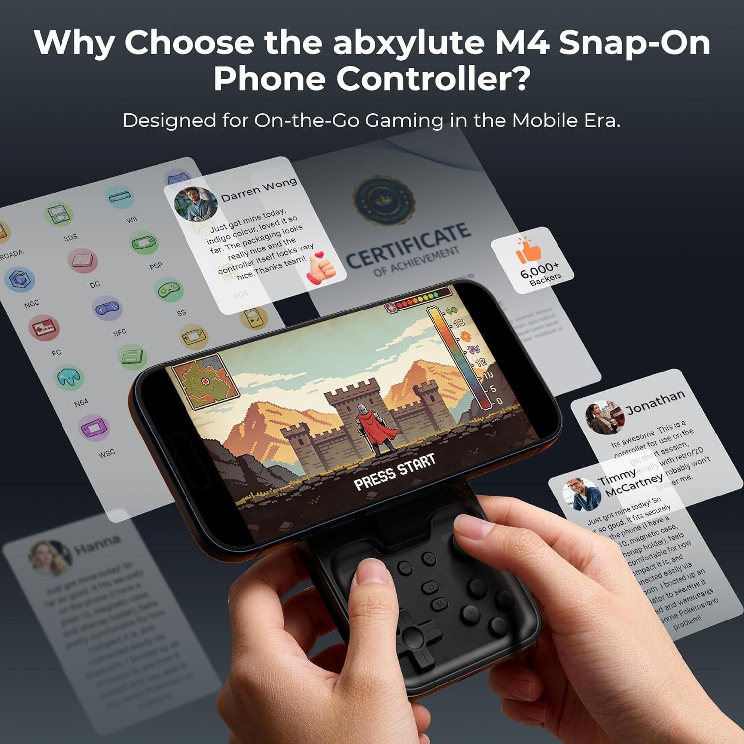 M4 Snap- Mobile Gaming Controller for Android & ,  1&2, Portable  Mini Controller, Pocket-Sized Retro Emulator Gamepad w/Stand, Dual Joystick Turbo Pro Gaming,  (Black)