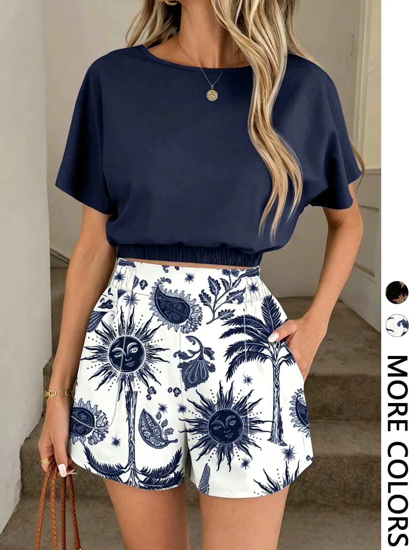 Women's Summer Two-Piece Set, Tropical Sun Palm Print Crop Top + Elastic Waist Shorts, Casual Chic Fashion, Comfortable, Stylish and Lightweight