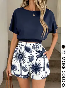 Women's Summer Two-Piece Set, Tropical Sun Palm Print Crop Top + Elastic Waist Shorts, Casual Chic Fashion, Comfortable, Stylish and Lightweight