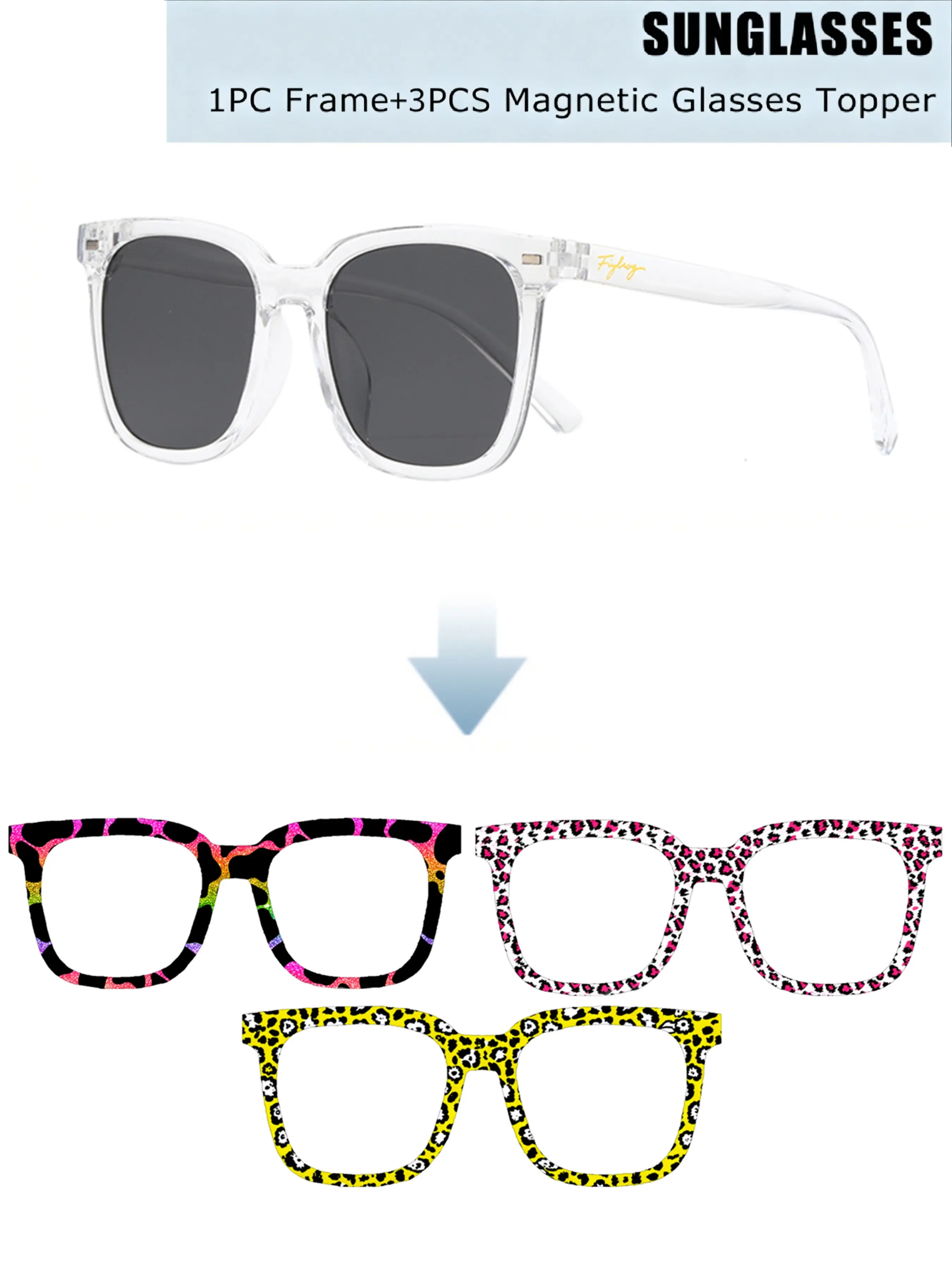 Fiylrog Magnetic Interchangeable Topper UV Protective Sunglasses Set 1 Frame + 3PCS Leopard Print Magnetic Glasses Toppers , UV400 Protection, Ideal for Daily Outing, Events, Photoshoots, Outdoor Activities, Festivals