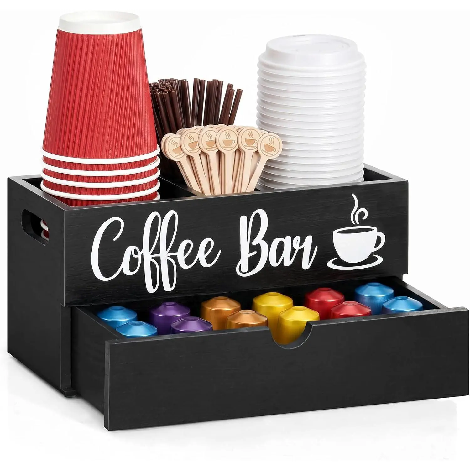Coffee Cup Holder with Drawer,  Coffee Station Organizer for Countertop, Coffee Bar Accessories and Organizer for Pods Syrup Stirrers, Mini Cup Lid and Straw Dispenser for Breakroom, Office,