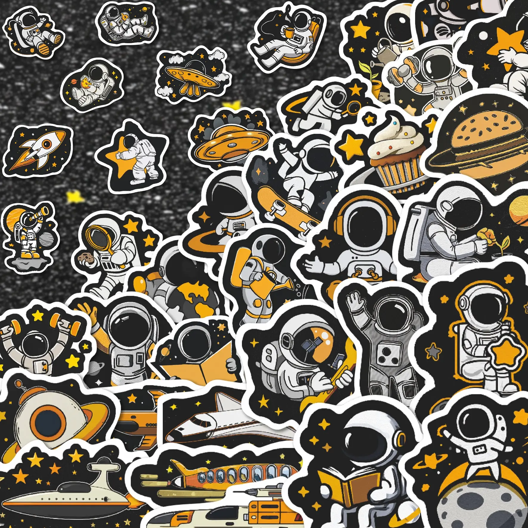 50pcs Astronaut Outer Space Die Cut Stickers Pack | Rocket UFO Planet Star Spaceship Cosmic Adventure Hand Drawn Vinyl Stickers for Scrapbook, Water Bottle, Notebook Decor