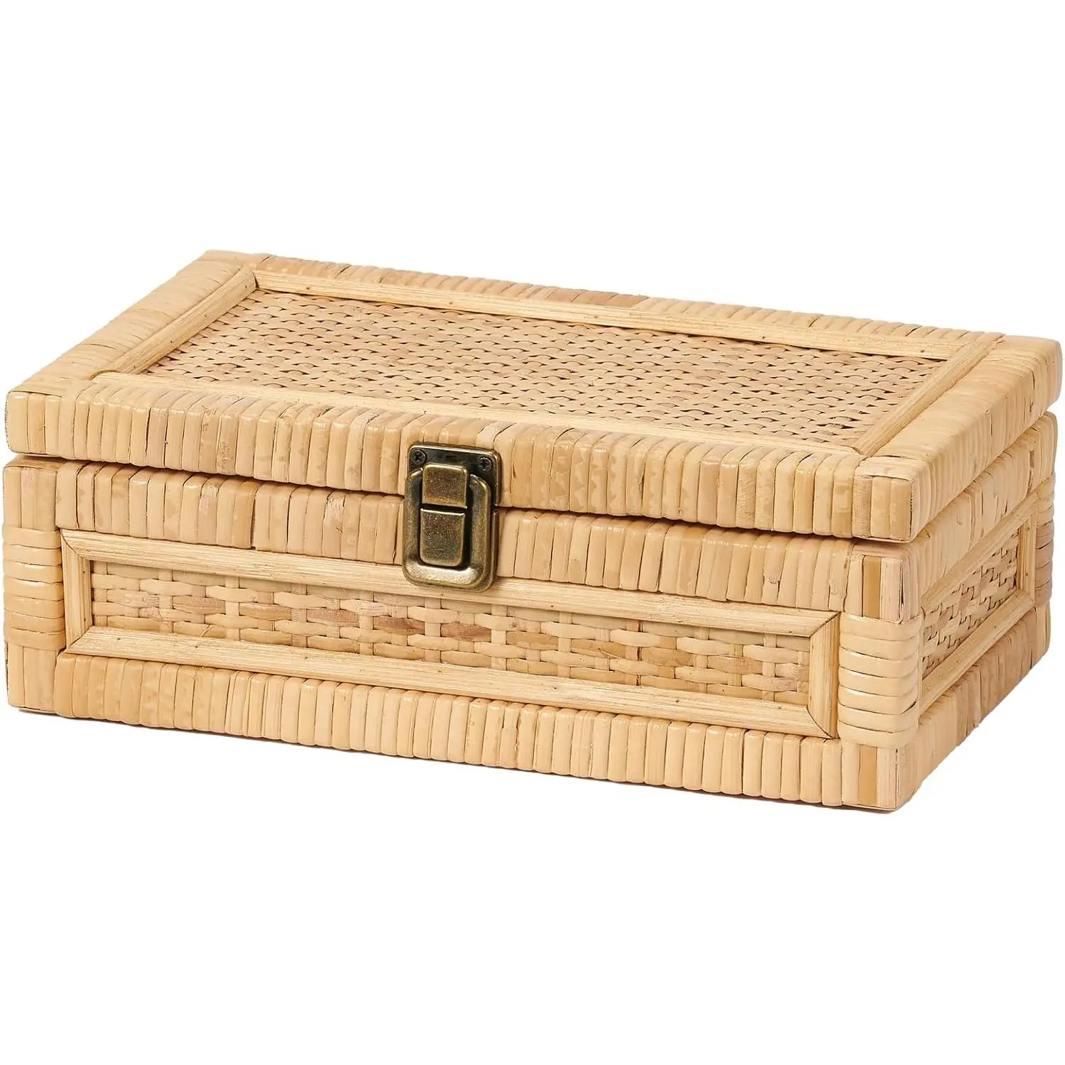 Rattan Box with Lid Decorative   Boho Rattan Baskets Woven Wicker Cane Bins  Memory  Boxes Rectangular Desk Shelf Closet Organizer Container (Small Size)