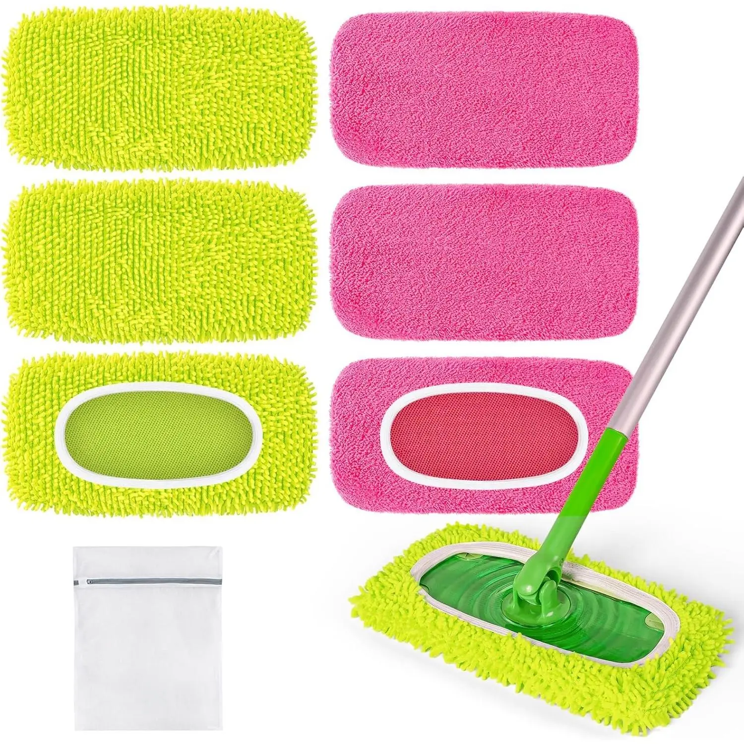 6 Pack Reusable Microfiber Mop Pads for Swiffer Sweeper - Washable Wet Refill, Dry Cleaning Cloths for Vinyl Floor Hand Cleaning, Green & Pink (Replaces Disposable Pads)