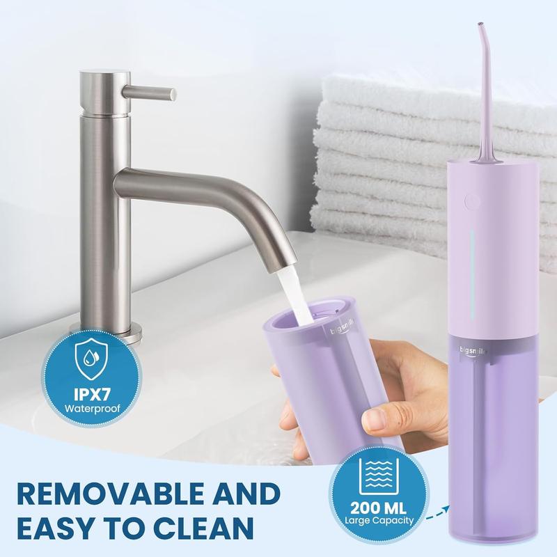Travel Cordless Water Flosser, IPX7 Waterproof Electric Oral Irrigator with 3 Modes and 4 Replaceable Jet Tips, Rechargeable and Portable for Easy Cleaning (Purple)