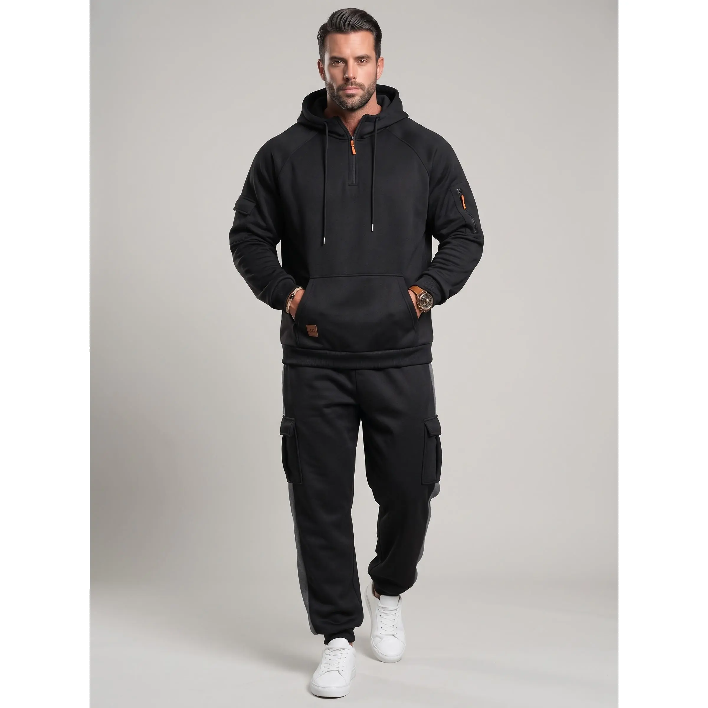 KZZ Men's 2-Piece Casual Hoodie & Pants Set - Spring-Summer, Zippered Front, Multiple Pockets Menswear Clothing Set