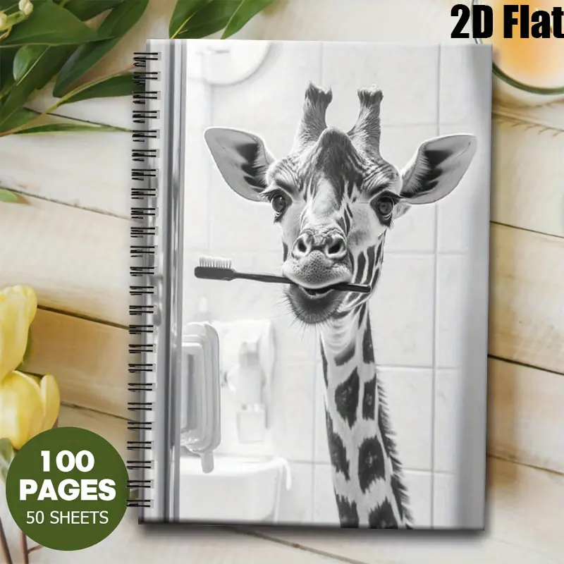 1 Spiral Coil Notebook 5.7x8.26 inch, Giraffe Brushing Teeth Design, High-Quality Lined Pages, Durable Binding, Daily Journal for Bathroom Routine, Travel Notes, Birthday Gift for Animal Lovers, Christmas Present for Kids and Teens [2D] Flat